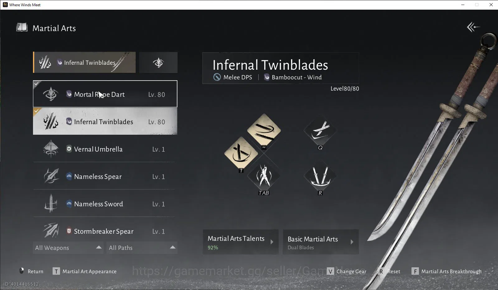 Where Winds Meet Accounts GLOBAL|Lv 80|GS 20k|Nameless Sword,Infernal Twinblades+100% Oddt|Maples Sorrow|Mounts Snow Oath|MC 7