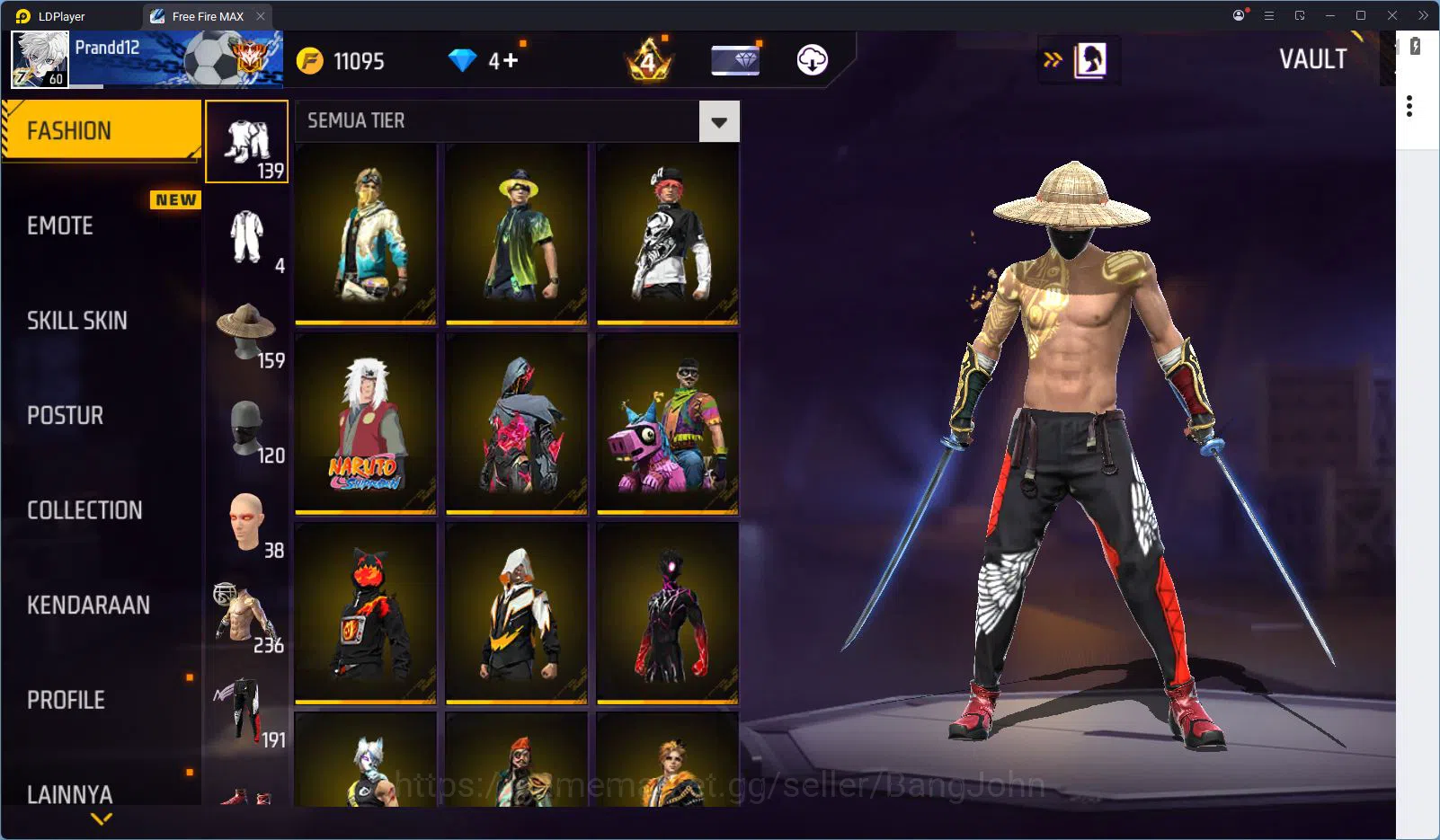 Free Fire Accounts Indonesia Vault 236 Jiraiya Bundle SG Gurun & Trog image 13