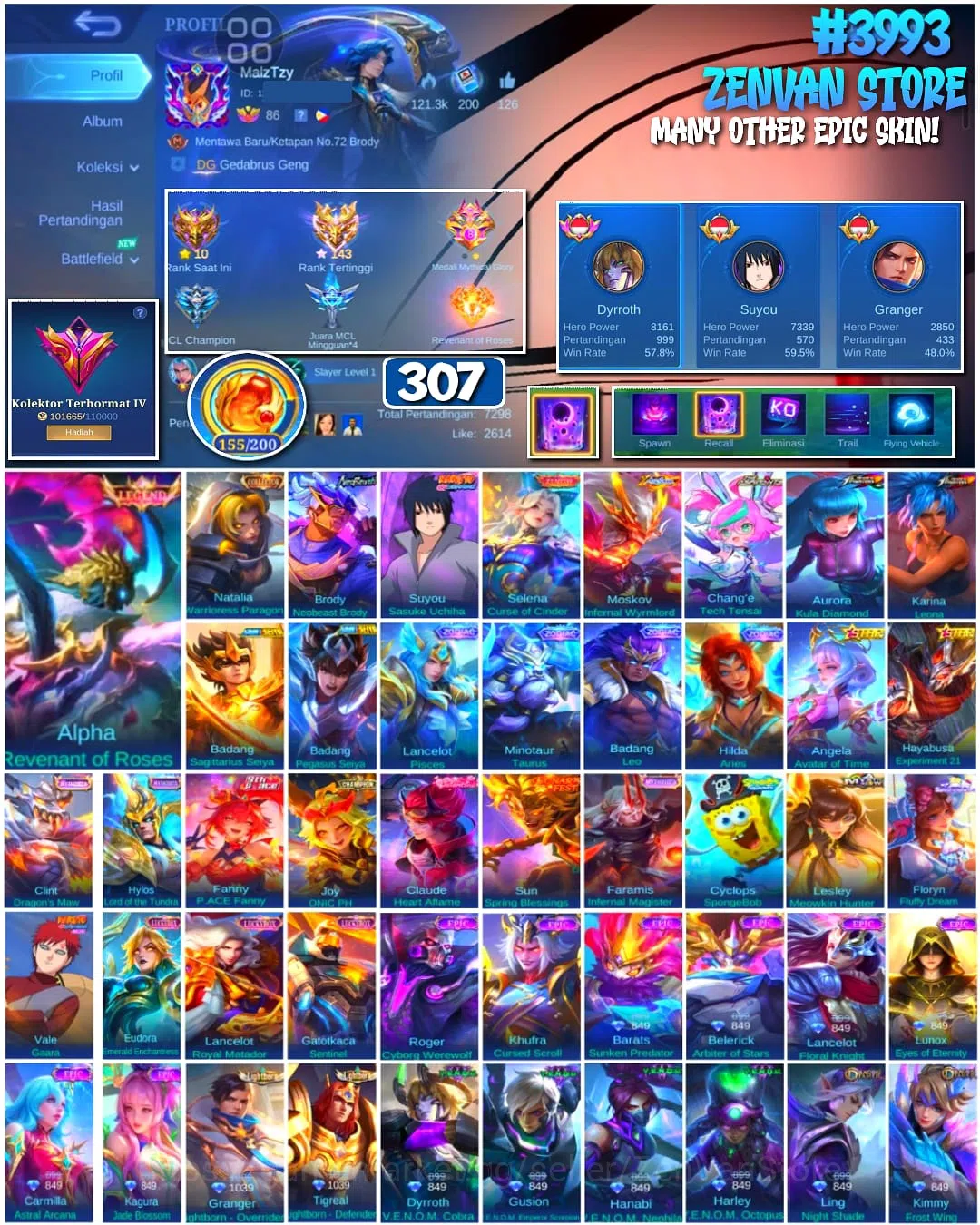 Mobile Legends: Bang Bang Accounts π₯ #3993 π₯ 307 Skins π Renowned Collector IV π Legend Skin βοΈ Naruto Sasuke Suyou 1