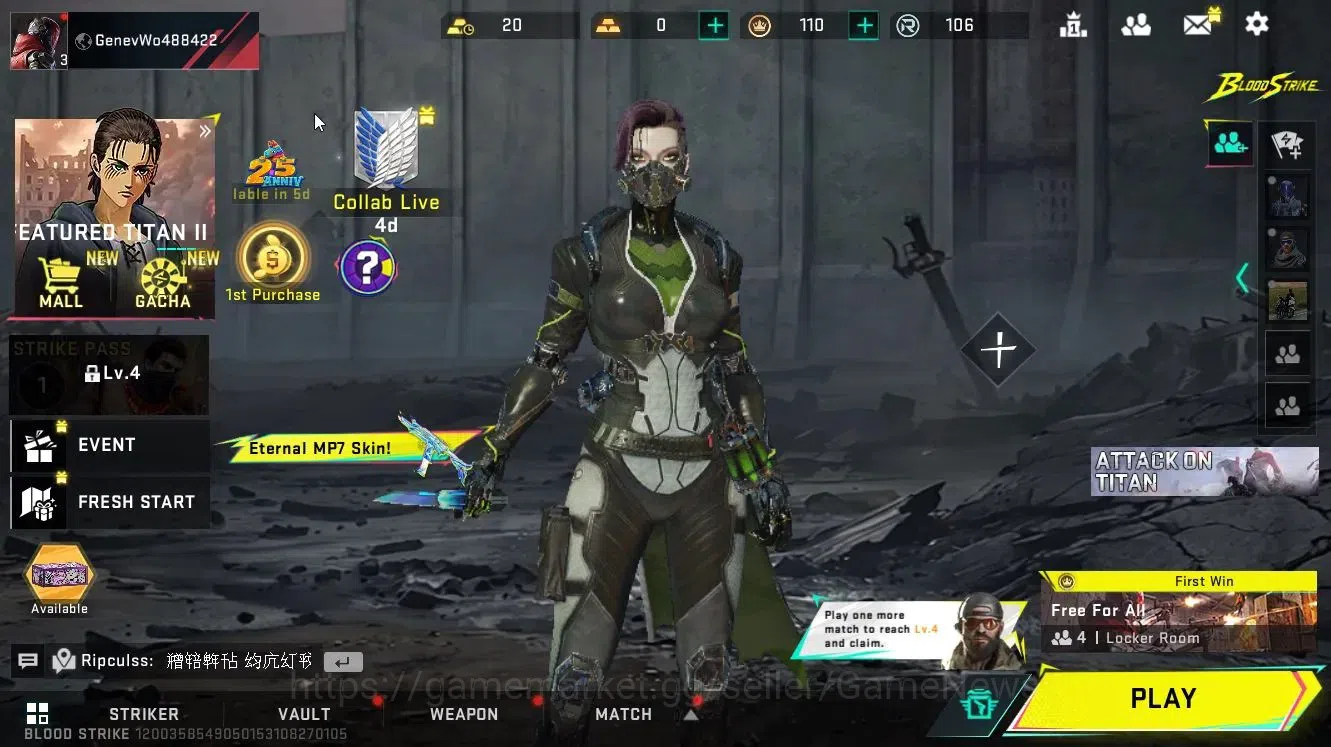 Blood Strike Accounts Collab Skin ASIA|1 ETERNAL Galil-Noxdra Lv3|ULTRA Melee Butterfly Knife-Synthwave|Collab AOT 1