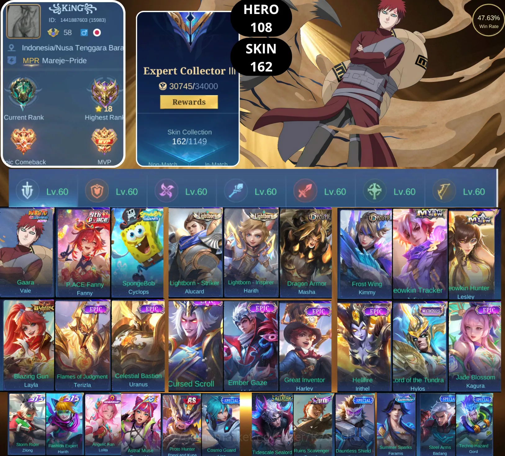 Mobile Legends: Bang Bang Accounts Smurf BEST OFFER | HERO 108 | SKIN 162 | GAARA VALE | P.ACE FANNY | SPONGEBOB CYCLOPS 1