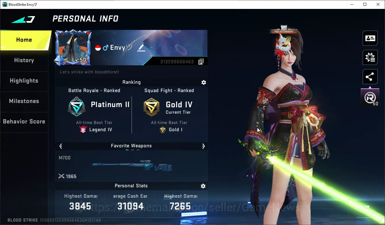 Blood Strike Accounts Mid-Tier ASIA|Collab AOT RAN-Mikasa,M700-Thunder,M4A1,KAG6,FAL,Aniv FAL-Draco+ 3 MELE 2