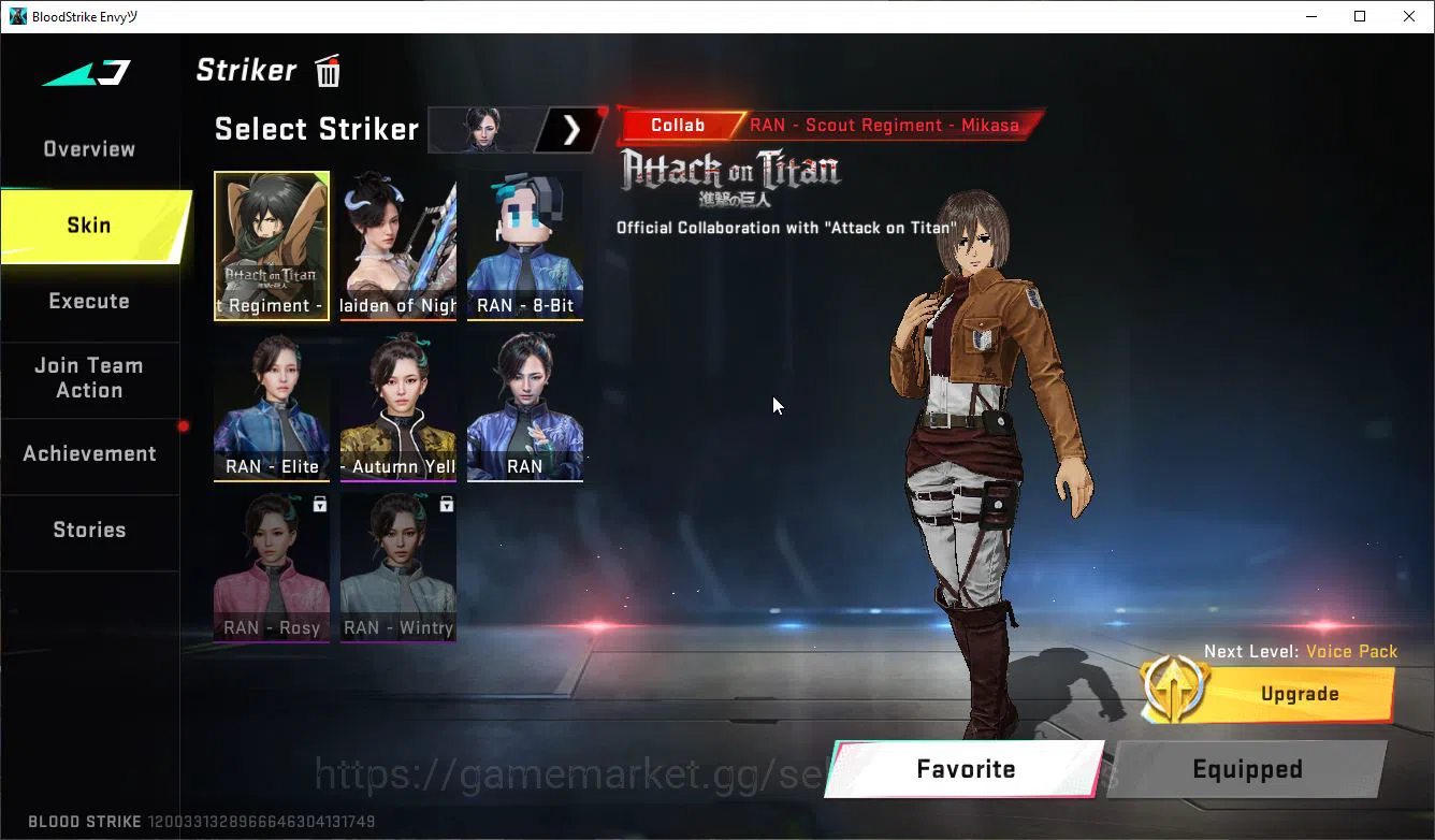 Blood Strike Accounts Mid-Tier ASIA|Collab AOT RAN-Mikasa,M700-Thunder,M4A1,KAG6,FAL,Aniv FAL-Draco+ 3 MELE 4