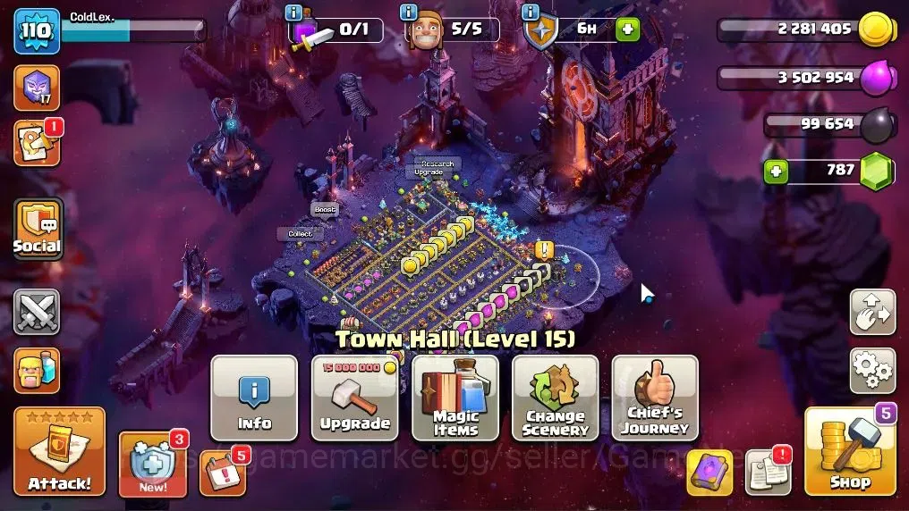 Clash of Clans Accounts High-End LV 110|TH 15-BH 8|HH 8|Limited Skin|BK 48,AQ 53,GW 31,MP 40,RC 23|785 Gems|Protect OFF|Take 1