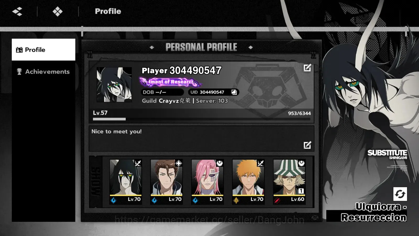 BLEACH: Soul Resonance Accounts Nuverse SEA|lv 57|9SSR|4 Sign(Ulquiorra Resurec,Aizen,Szayelaporro,Urahara)+Stamp, Ichigo 1