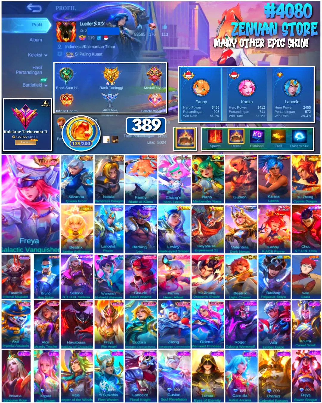 Mobile Legends: Bang Bang Accounts ๐ฅ #4080 ๐ฅ ๐ 389 Skins ๐ Legend Freya Galactic Vanquisher โ๏ธ KOF Gusion K' โญ Collector 1