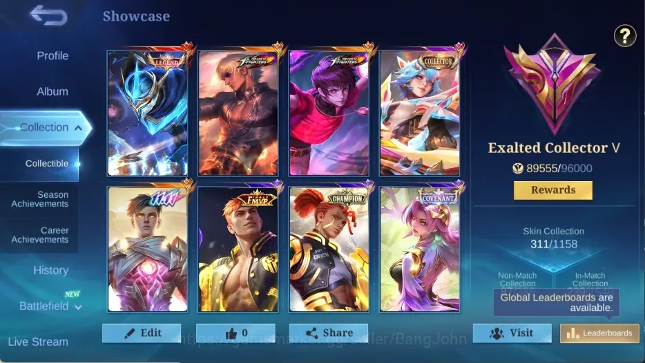 Mobile Legends: Bang Bang Accounts Collector Global|311 Skin|Exalted|LEGEND Gusion,KOF Gusion Dyrroth,11.11 Gusion,Collector 1