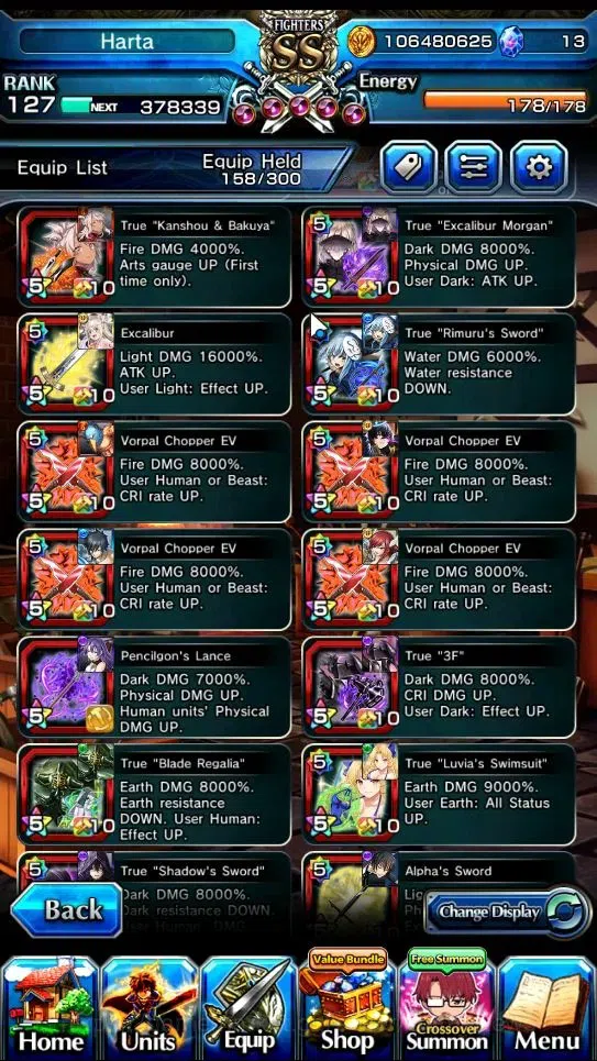 Grand Summoners Accounts End-Game Global|Rank 127|1 SpArt|34 Ascend+18 TW|(Shadow,Beta,S Emiya,S Luvia)+TW Penciligon 18
