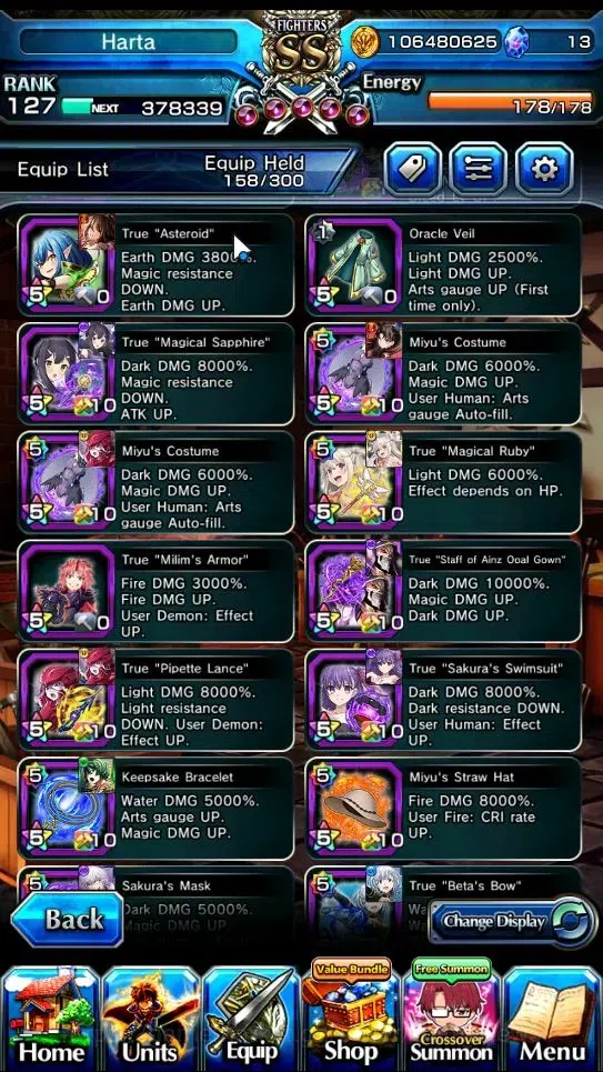 Grand Summoners Accounts End-Game Global|Rank 127|1 SpArt|34 Ascend+18 TW|(Shadow,Beta,S Emiya,S Luvia)+TW Penciligon 20