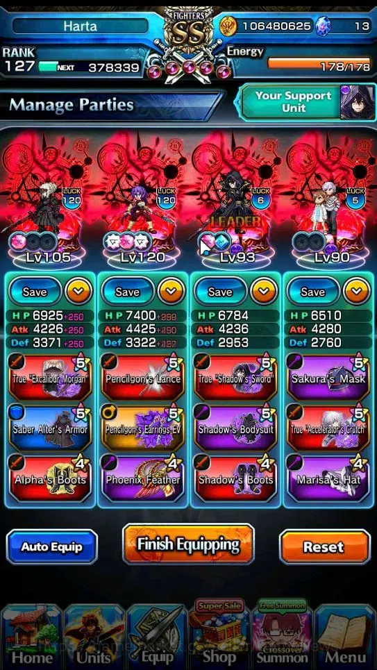 Grand Summoners Accounts End-Game Global|Rank 127|1 SpArt|34 Ascend+18 TW|(Shadow,Beta,S Emiya,S Luvia)+TW Penciligon 4