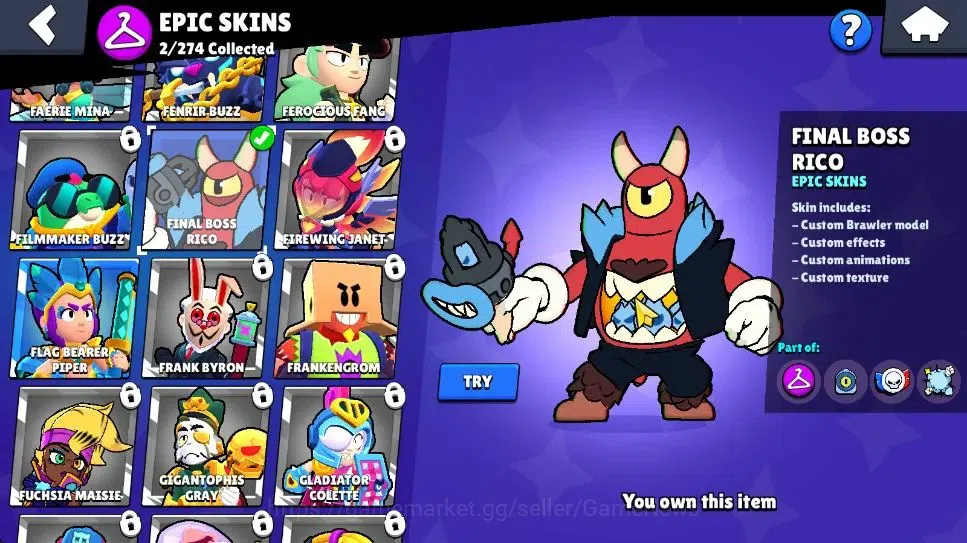 Brawl Stars Accounts 1322 Trophy|5875 Bling|17 Brawlers 1 Max Lvl [Shelly] 2 Epic Skin [Final Boss Rico] 1 Super Rare Skin 11