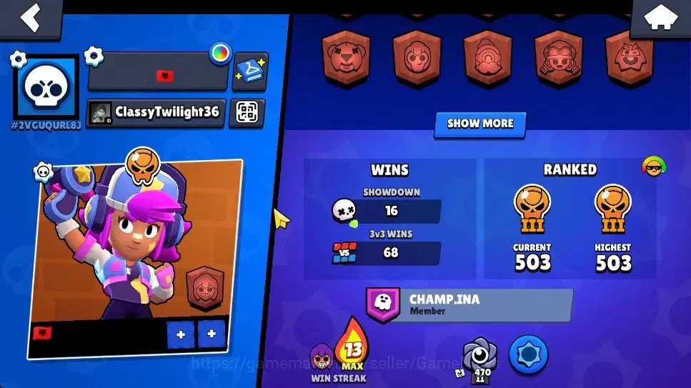 Brawl Stars Accounts 1322 Trophy|5875 Bling|17 Brawlers 1 Max Lvl [Shelly] 2 Epic Skin [Final Boss Rico] 1 Super Rare Skin 3