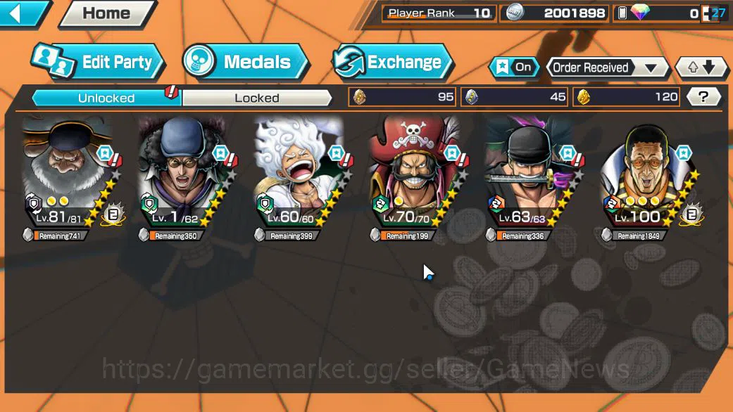 One Piece Bounty Rush Accounts Starter Global|6 EX 1 MAX|AMS Borsalino,Gear5 Luffy,T5E Jaygarcia,KING D.Roger,Roronoa 5