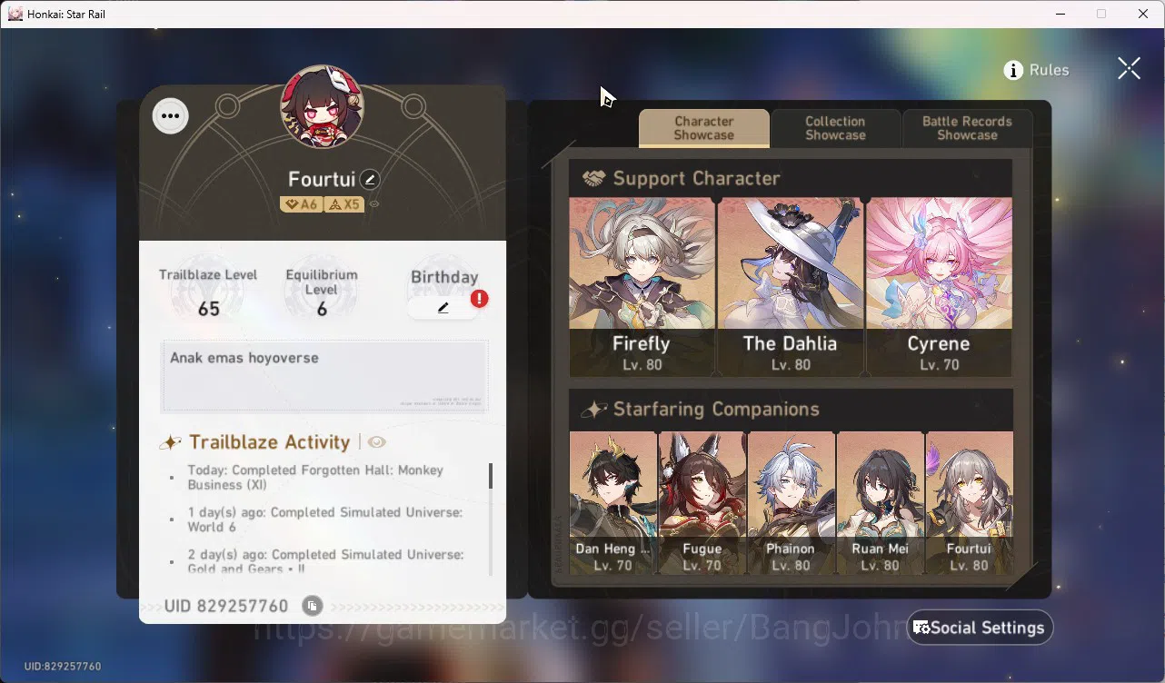 Honkai Star Rail Accounts ASIA TL65 | Cyrene+S, Fugue+S, Fu Xuan E1 | Firefl image 3