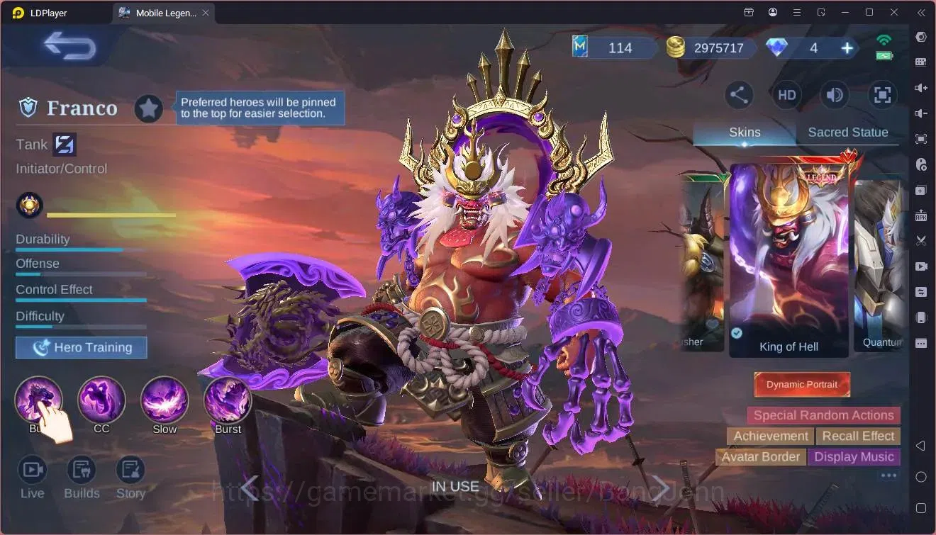 Mobile Legends: Bang Bang Accounts Global|Hero 131|Skin 455|Exalted|Legend Franco|Aby image 9