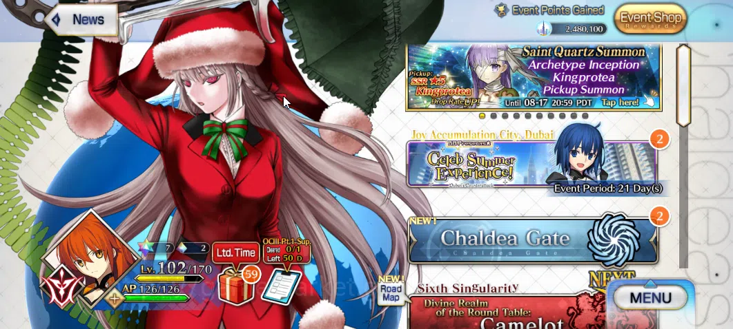 Fate-Grand Order Accounts NA Lvl 102|3 SSR Servant| Ciel Np Lv 5, Space Ereshkigal Np2, Zhuge Liang |83 Golden Fruit|BDay 1