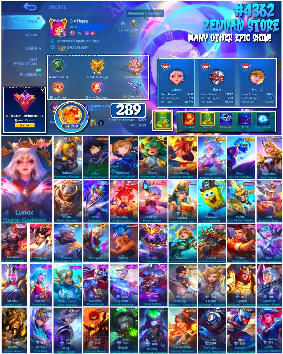 Mobile Legends: Bang Bang Accounts #4362 289 Skins | Lunox Divine Goddess (LEGEND) | Julian Megumi Fushiguro (JUJUTSU 1