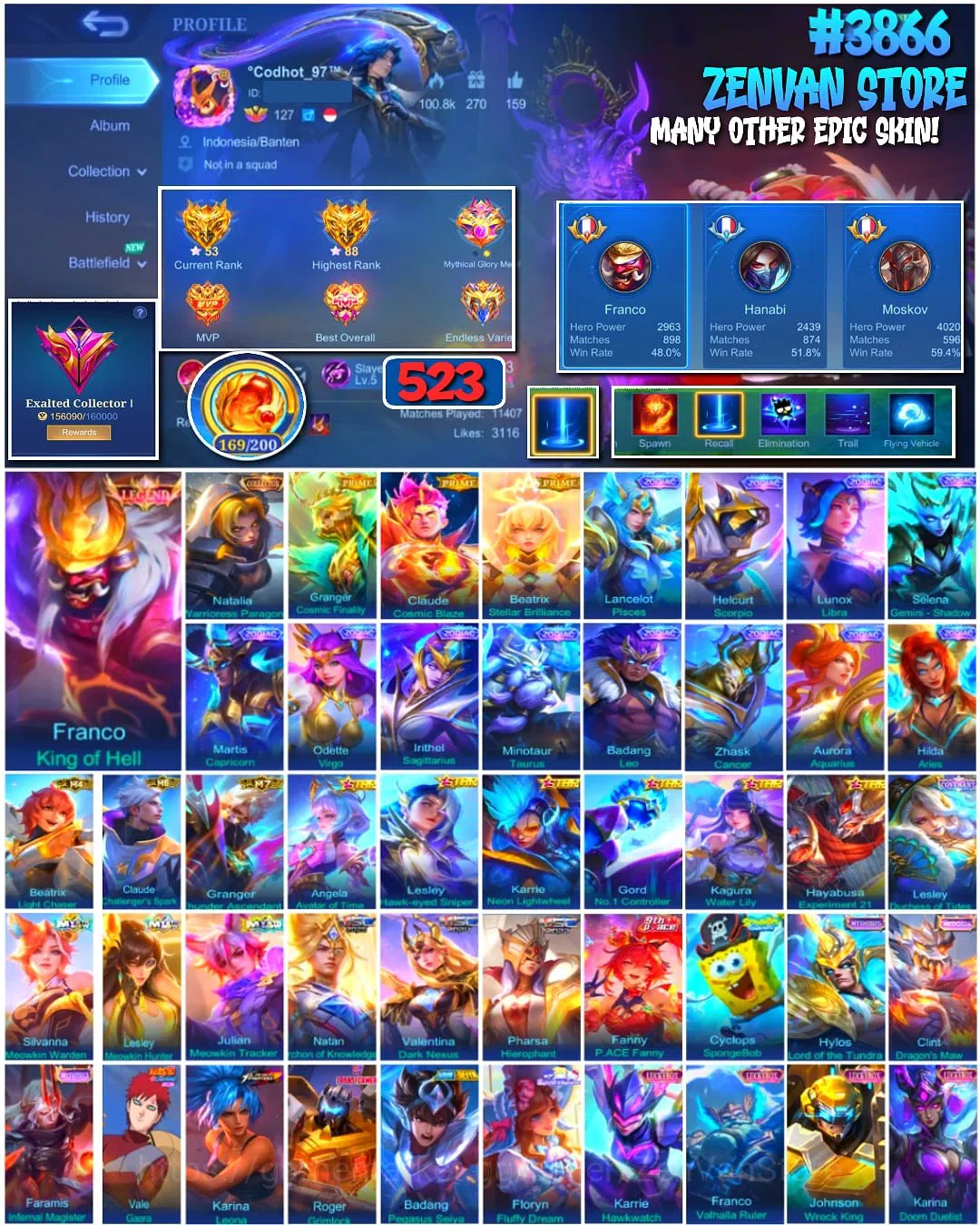 Mobile Legends: Bang Bang Accounts #3866 523 Skins | Legend Franco | Collector Natali image 1