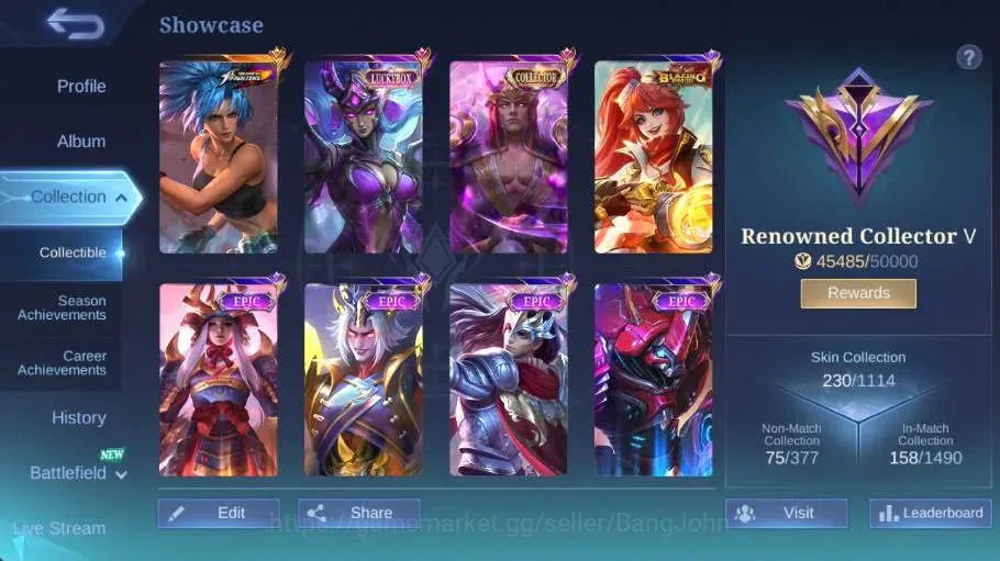 Mobile Legends: Bang Bang Accounts Collector Global|Skin 230|Renowned|Sanrio Floryn,Collector Valir,PACE Fanny,Blazing 2