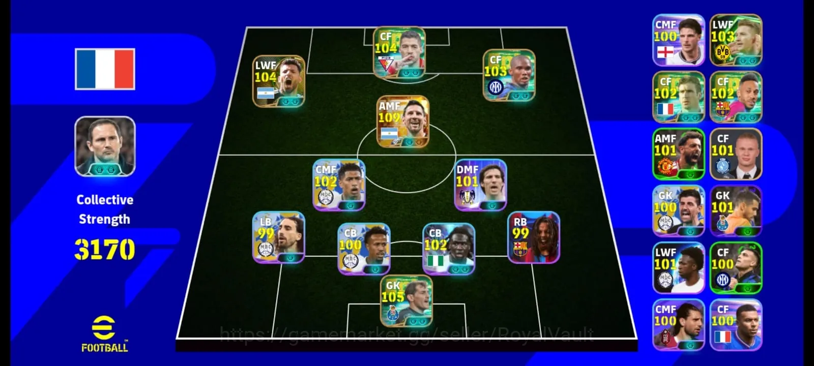 eFootball Accounts High-End Messi 109| Casillas 105| Aguero 104| Suarez 104| Eto 103| Reus 103| Cantona 102| Aubameyang 102 1