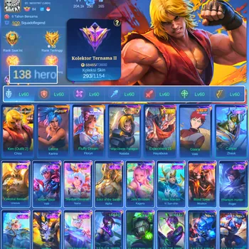 Mobile Legends: Bang Bang Accounts Smurf HERO 138 SKIN 293 | EMBLEM ALL MAX| KEN CHOU | FLUFF DREAM FLORY| STAR HAYABUSA