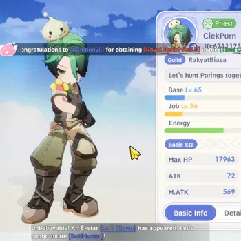 Ragnarok: The New World Accounts Sv Eddga|Unverif|Lvl 65 Priest|M. Atk 569, Max SP 2310,Etc|1 SSR Pet (Alice)|7k Gold