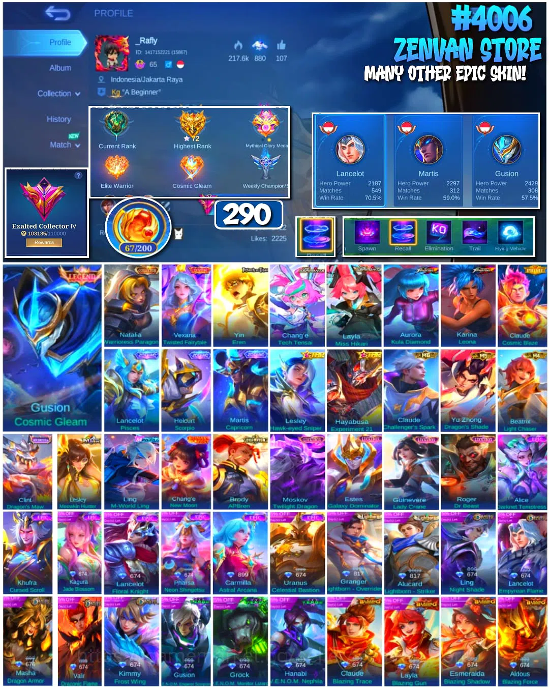 Mobile Legends: Bang Bang Accounts 🔥 #4006 🔥 290 Skins 💎 Exalted Collector IV 👑 Legend Gusion Cosmic Gleam ⚔️ Collector 1