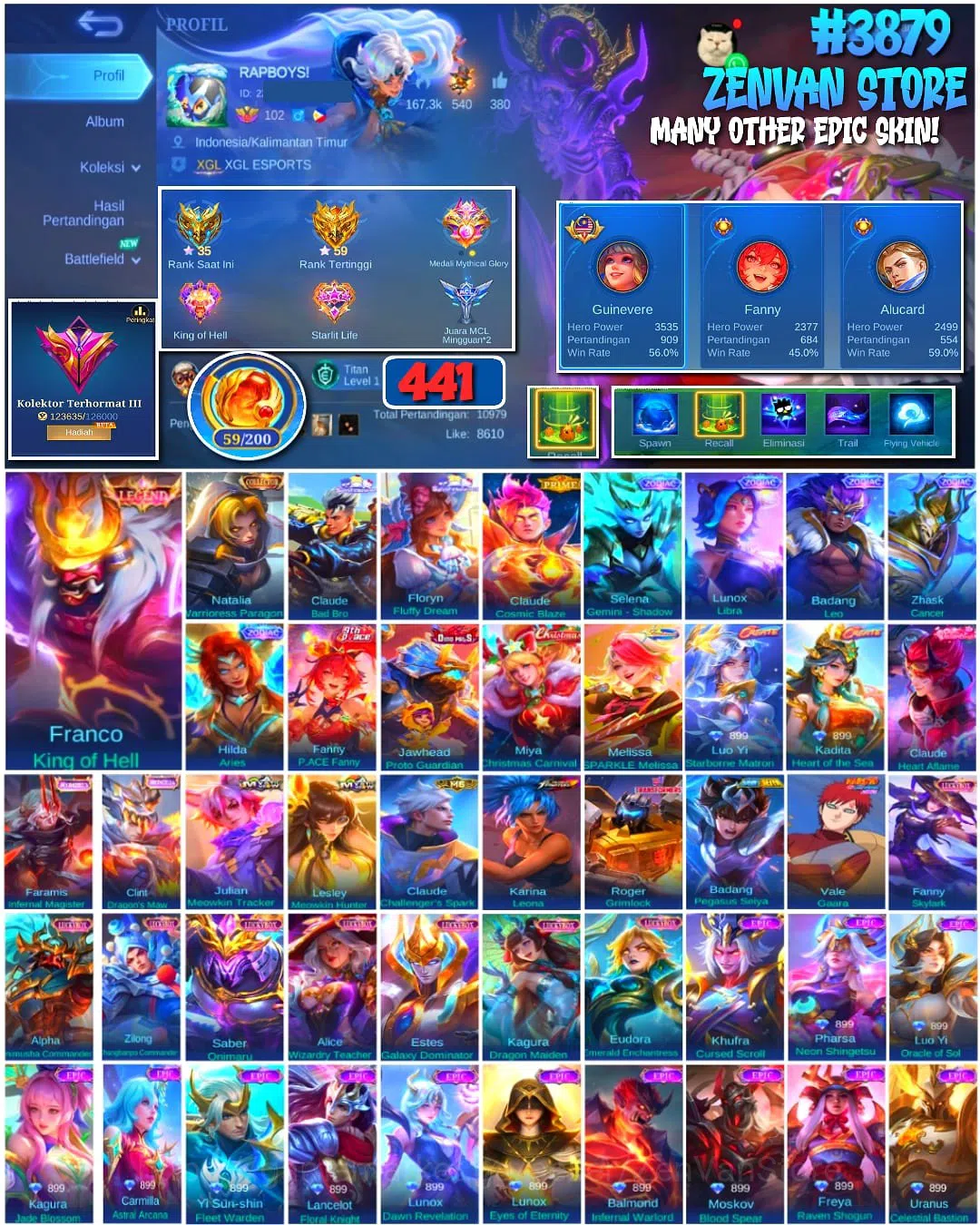 Mobile Legends: Bang Bang Accounts Collector #3879 441 Skins | Legend Franco | Collector Natalia | Sanrio Claude & Floryn 1