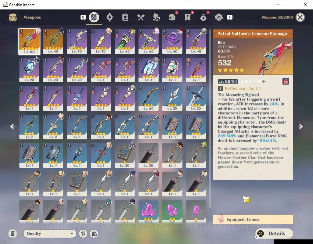 Genshin Impact Accounts Others ASIA|AR 54|Rate On|3 Limited + 2 (*5 Weapon)| Linnea, Lauma, Navia |Astral Vulture's 3
