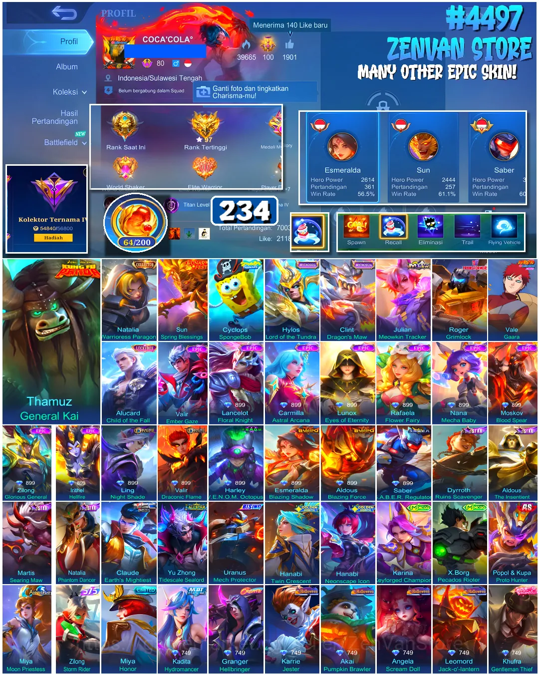 Mobile Legends: Bang Bang Accounts #4497 234 Skins | Roger Grimlock (TRANSFORMERS) | Thamuz General Kai (KUNG FU PANDA 1