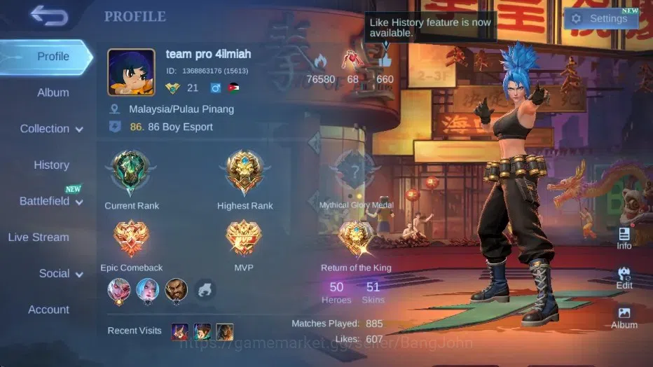 Mobile Legends: Bang Bang Accounts Collector Global|Skin 51|Seasoned|KOF Karina,Lightborn Tigreal,DragonT Ling,V.E.N.O.M 1