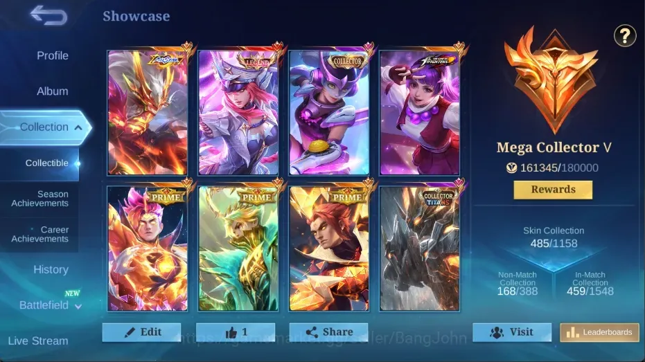 Mobile Legends: Bang Bang Accounts Collector Global|485 Skin|MEGA|LEGEND Freya,CollectorTitan Balmond,KOF Guinevere,AllStar 1