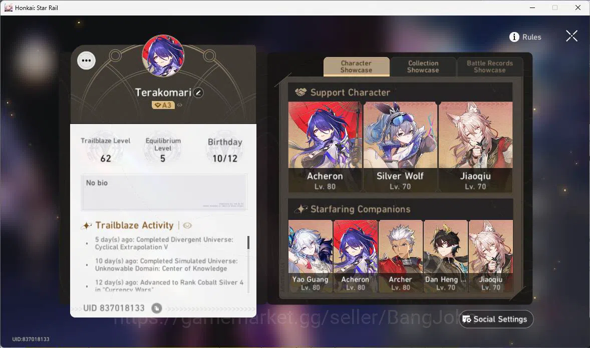 ASIA|TL 63|10 Limit|warp 20|Acheron+sign,Sparkle,Sparkle,Yao Guang,Jiaoqiu,Silverwolf,Archer,etc|Check SS|MC Female|HSR301B Honkai Star Rail Others ASIA|TL 63|10 Limit|warp 20|Acheron+sign,Sparkle,S image 1