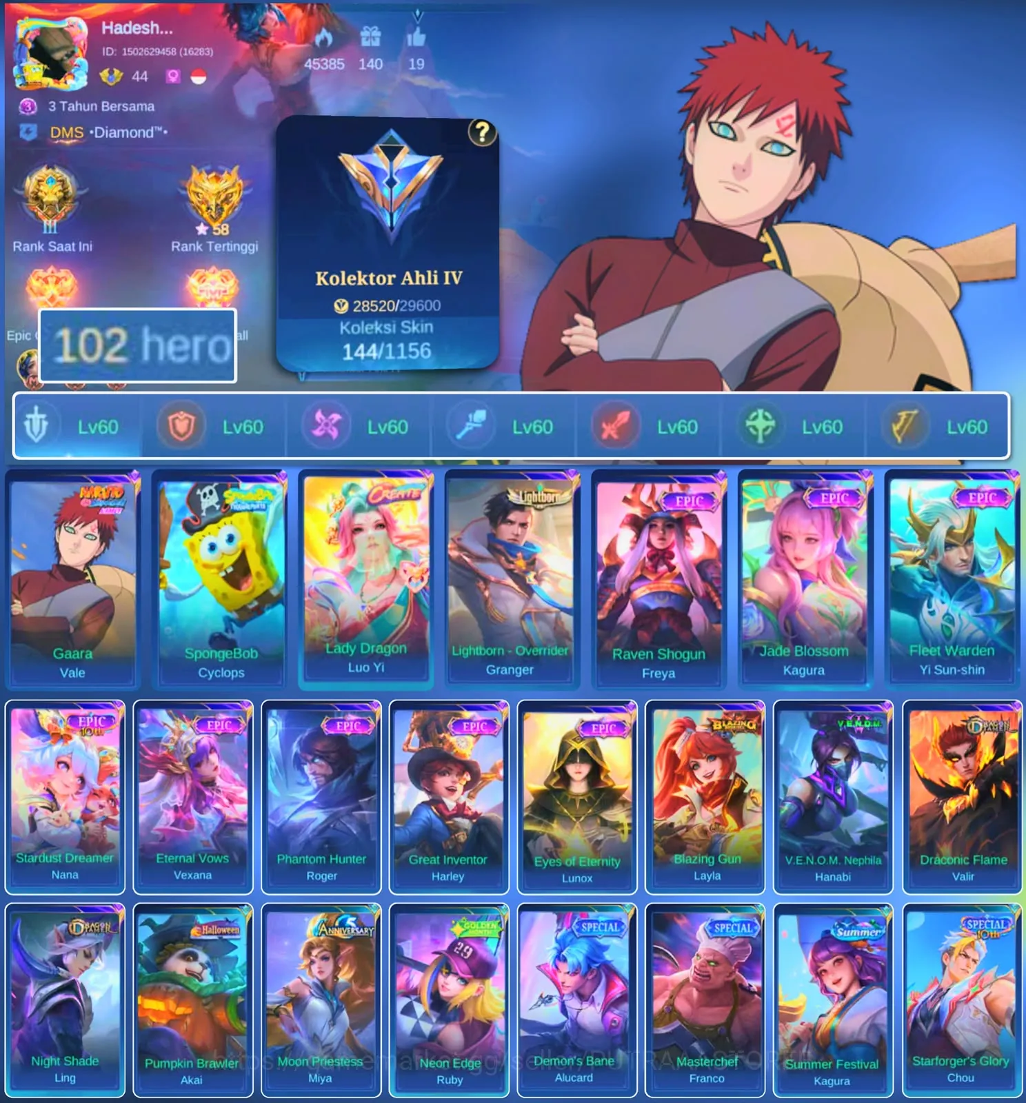 Mobile Legends: Bang Bang Accounts Others HERO 102 SKIN 144 | EMBLEM ALL MAX | VALE GARA| CYPLOPS SPOBENGEBOB| EPIC YSS 1