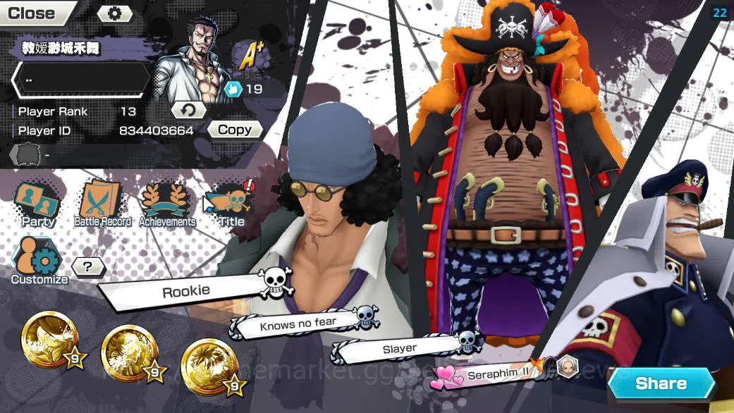 One Piece Bounty Rush Accounts Starter Global|3 EX|BP Kuzan,RO Roronoa Zoro,TFE MArshal D. Teach|Rank 2