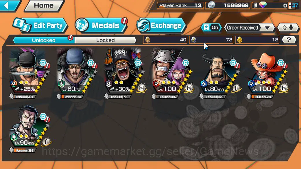One Piece Bounty Rush Accounts Starter Global|3 EX|BP Kuzan,RO Roronoa Zoro,TFE MArshal D. Teach|Rank 6