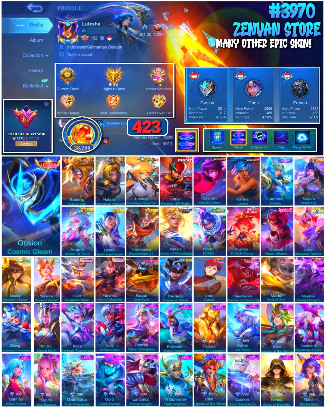 Mobile Legends: Bang Bang Accounts #3970 423 Skins Legend Gusion Collector Badang & Natalia Aspirant Lesley Ducati Irithel 1