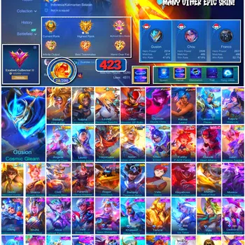 Mobile Legends: Bang Bang Accounts #3970 423 Skins Legend Gusion Collector Badang & Natalia Aspirant Lesley Ducati Irithel