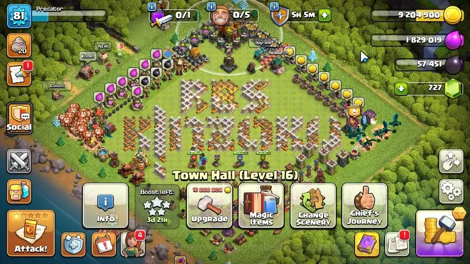 Clash of Clans Accounts High-End LV 81|TH 16 - BH 4|HH 7|Limited Skin|BK 33,AQ 41,MP 33,GW 20,RC 6|727 Gems|CN OFF|Protect 1