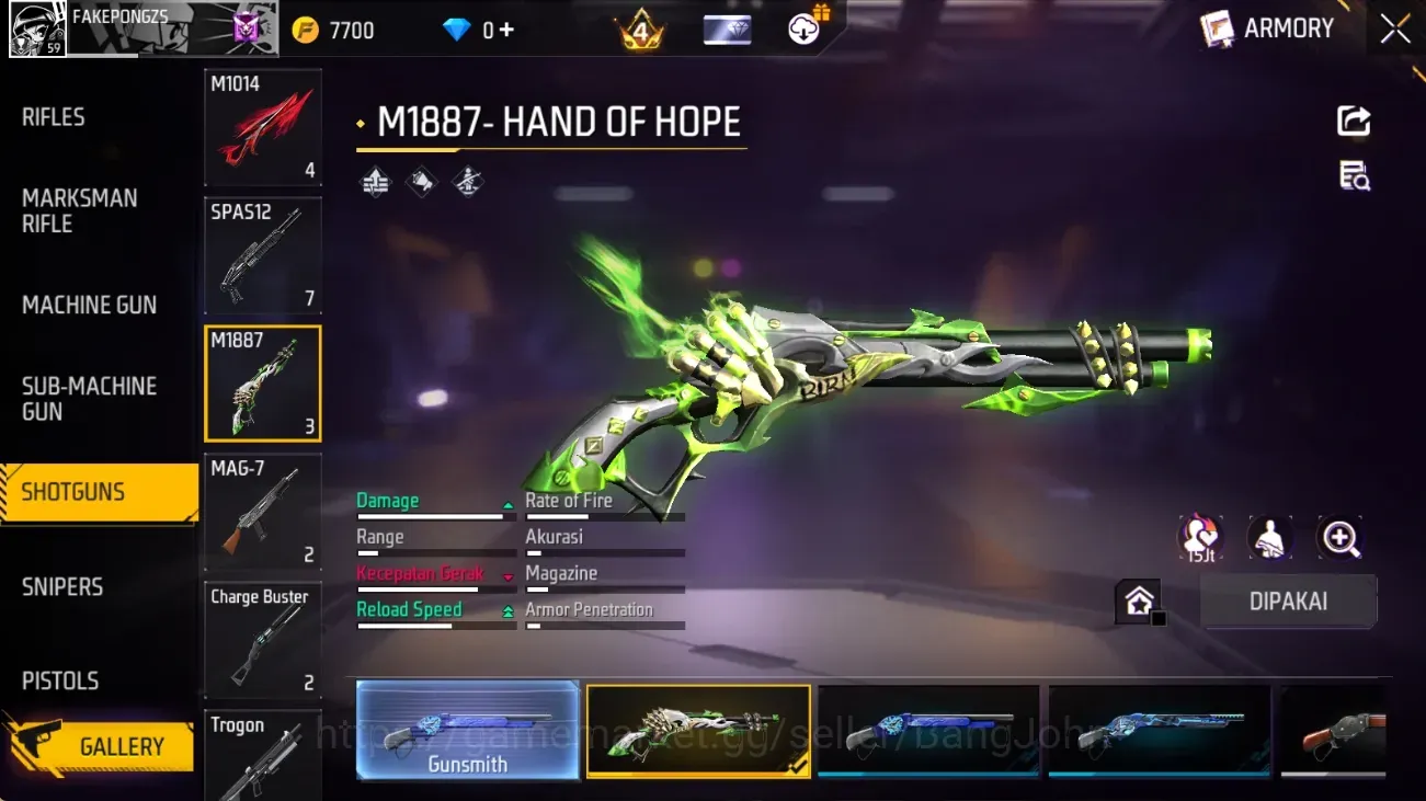 Free Fire Accounts Indonesia | 1 EVO (M1014 Scorpio Shatter Lv.7)| 3 M1887 Skins| Electrify Bunny Backpack| Naruto Bundle 1