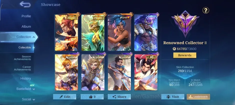 Mobile Legends: Bang Bang Accounts Collector Hero 124|Skins 260|PRIME(Granger,Yu Zhong),KOF Karina,CC Natalia,Zodiac 1
