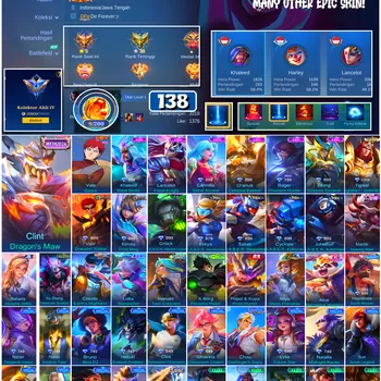 Mobile Legends: Bang Bang Accounts #4655 138 Skins | Clint Dragon's Maw (MYTHICAL) | Vale Gaara (NARUTO) | Carmilla Astral