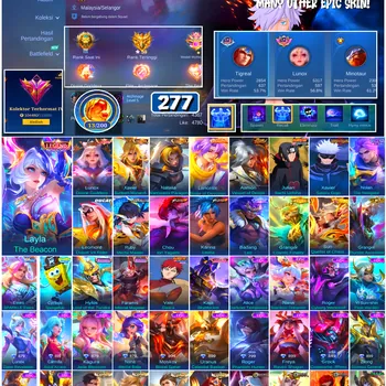 Mobile Legends: Bang Bang Accounts #4757 277 Skins | Layla The Beacon (LEGEND) | Lunox Divine Goddess (LEGEND) | Chou Iori