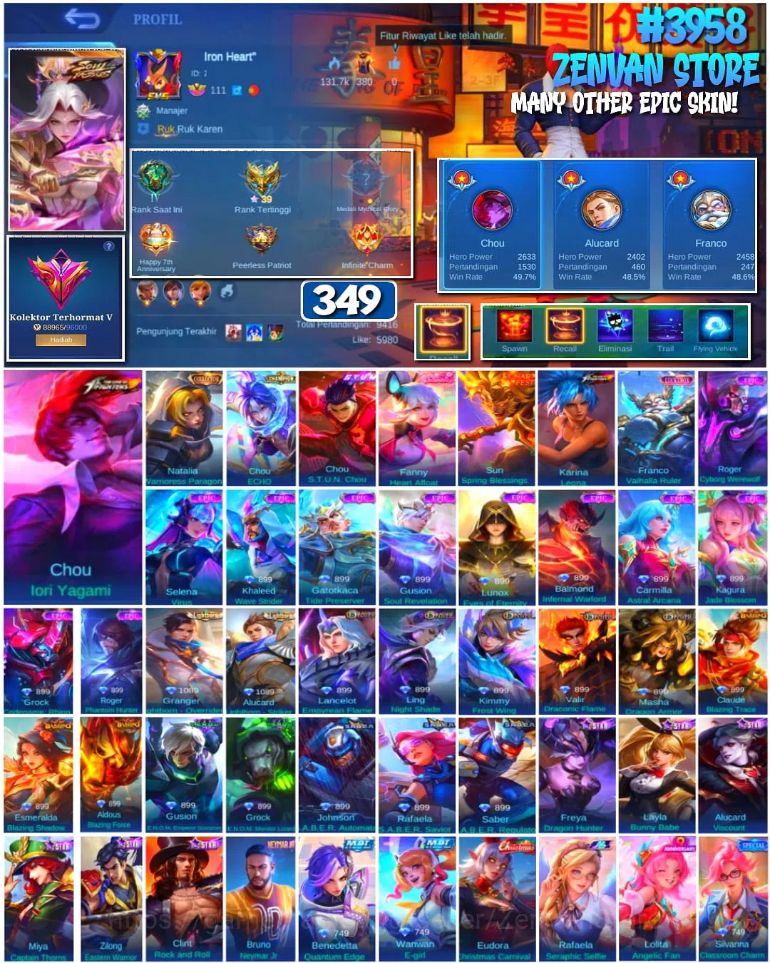 Mobile Legends: Bang Bang Accounts #3958 349 Skins Collector Natalia KoF Chou & Karina Stun Chou Many Limited Many Epic Safe 1