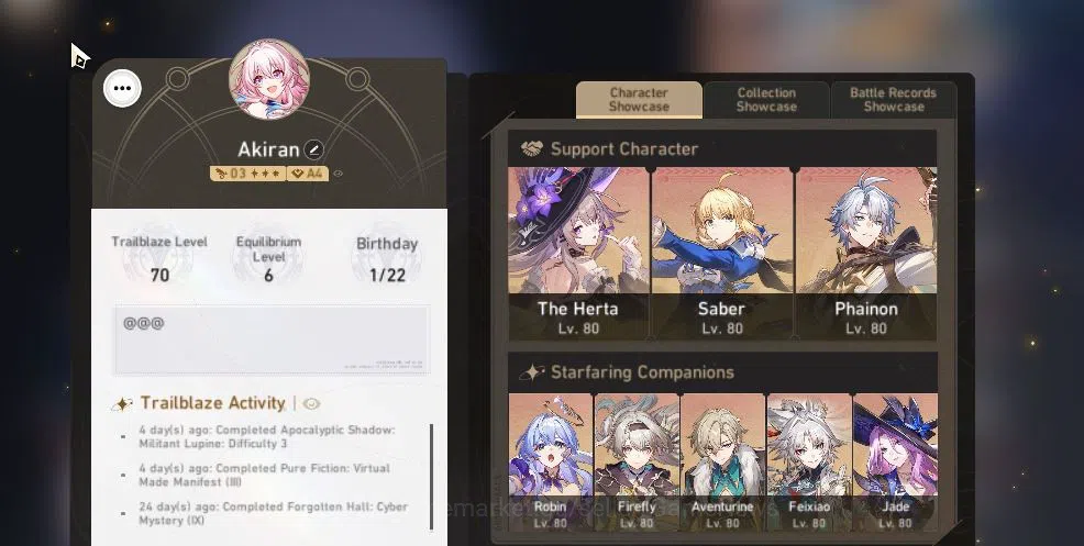 Honkai Star Rail Accounts Others Asia|TL 70|15 Limited|[Firefly E1,Phainon,Saber,Feixiao]+Sign,Robin,The 2