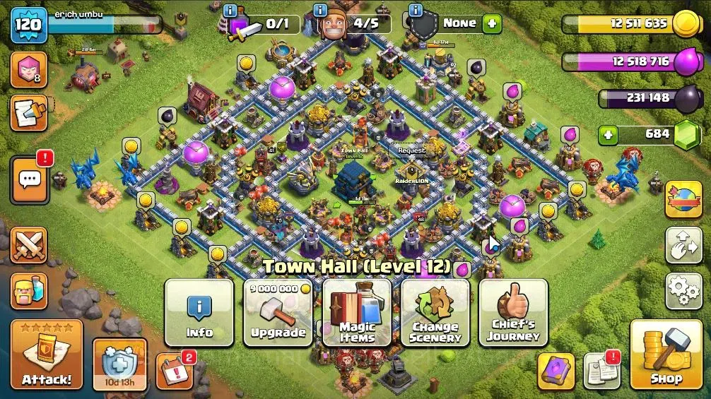 Clash of Clans Accounts High-End LV 120|TH 12 - BH 6|HH 6|Limited Skin|BK 48,AQ 41,GW 16,MP 20|684 Gems|CN ON|Protect 1