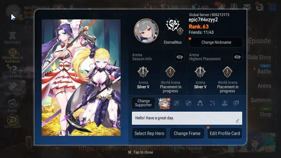 Epic Seven Accounts High-End GLOBAL UnVerif|New Era|9 ML (Rhiana&Lucellia,RueleLight,NM Luna,SE Celine,TE Kayron),etc|49k 2