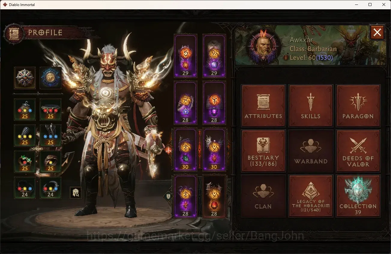Diablo Immortal Accounts High-End SEA - Izual CS On| 60 (1530) Barbarian-Slinger|CR 61k|Reso 2.2k|Inferno XIII|39 1