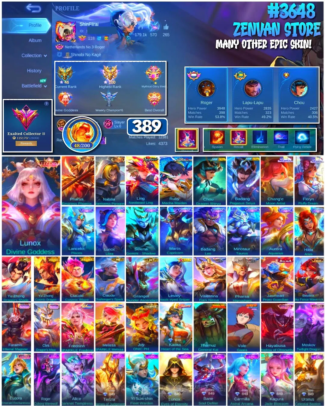 Mobile Legends: Bang Bang Accounts #3648 389 Skins | Legend Lunox | Collector Pharsa image 1