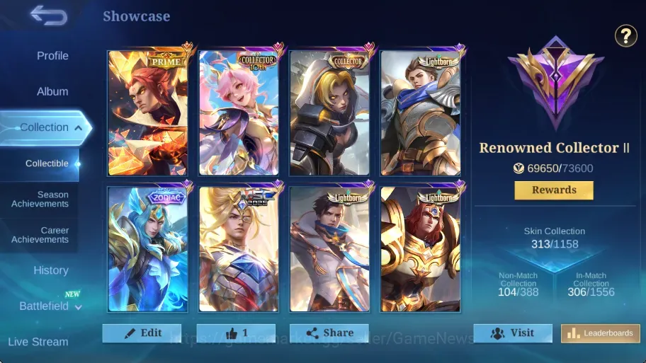 Mobile Legends: Bang Bang Accounts Collector Hero 133|Skin 313|Ex Glory 83|Yu Zhong (PRIME,M5),CC(Nata,Layla),Zodiac 1